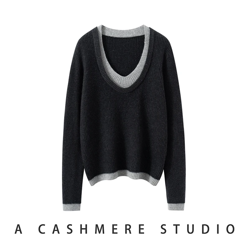 

Autumn Winter Women's O-neck Cashmere Sweater Fake Two Items Slim Pullover Long Sleeve 100% Cashmere Knitwear Popular Tops