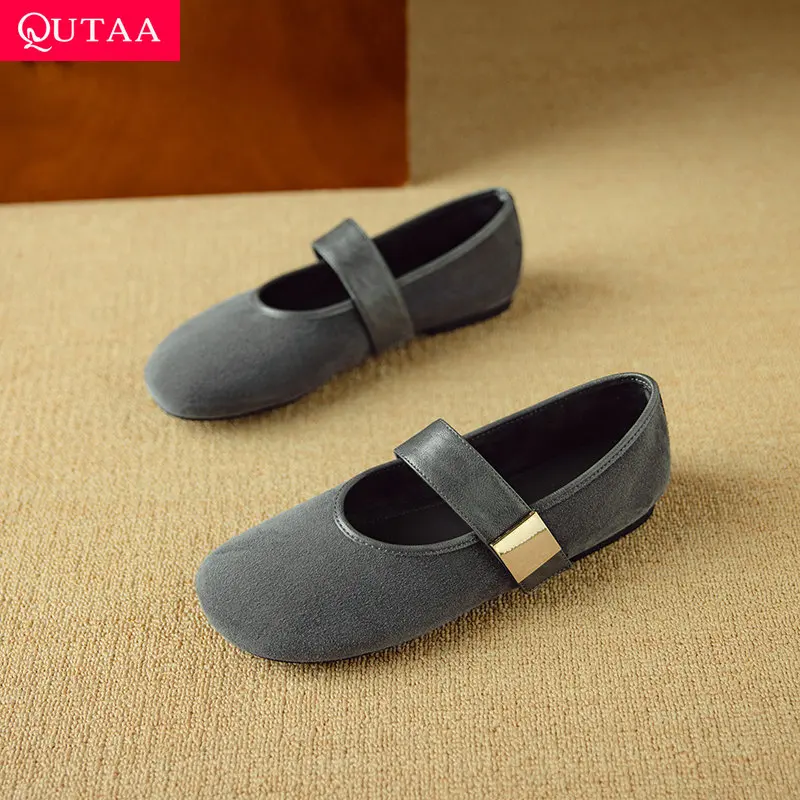 

QUTAA Fashion Kid Suede Women Flats Shoes Woman Spring Genuine Leather Casual Comfort Ballet Shoes Round Toe Ladies Dress 34-43