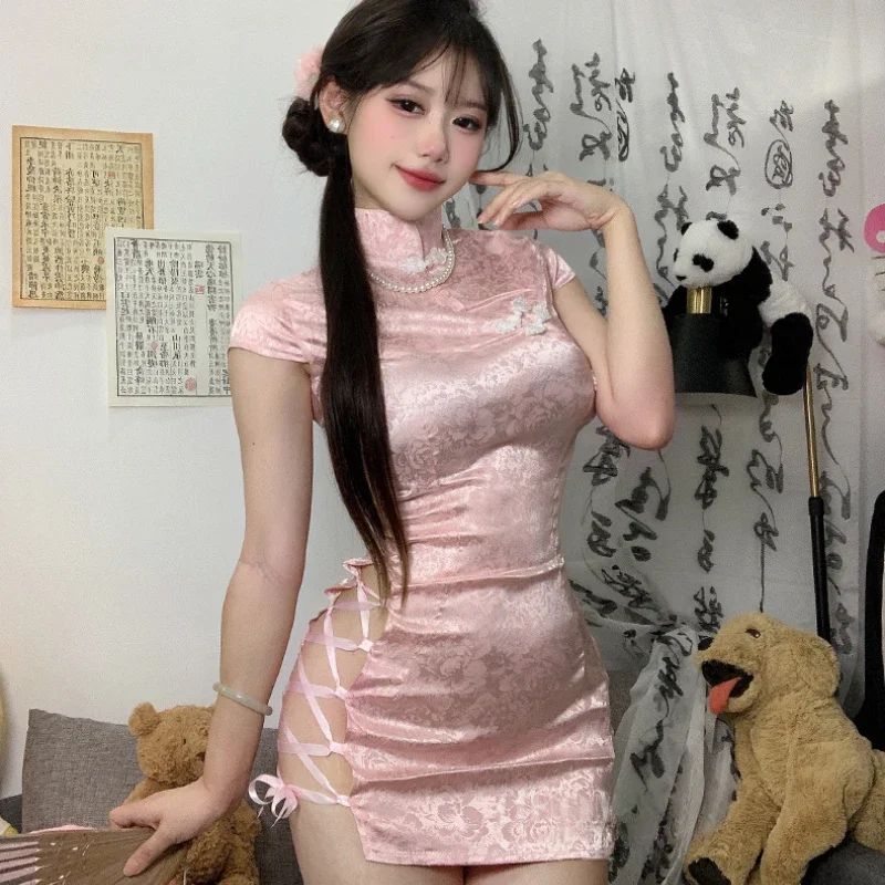 Chinese Cheongsam Dress Mini Sexy Lingerie High Split Sides Drawstring Tight Fitting Wrap Buttocks Uniform Sexy Short Club Dress