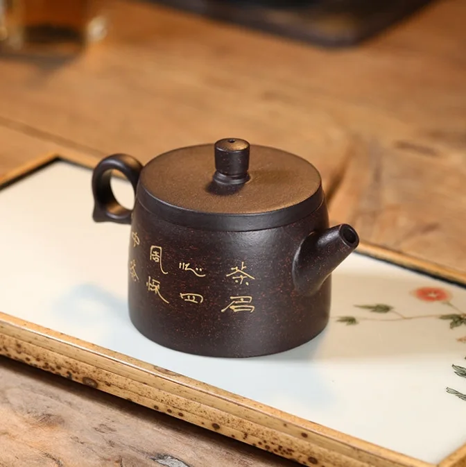 

Yixing Purple Clay Pot Original Mine Black Gold Sand Exquisite Clay Painted Songhe Yannian Tea Pot Tea Set