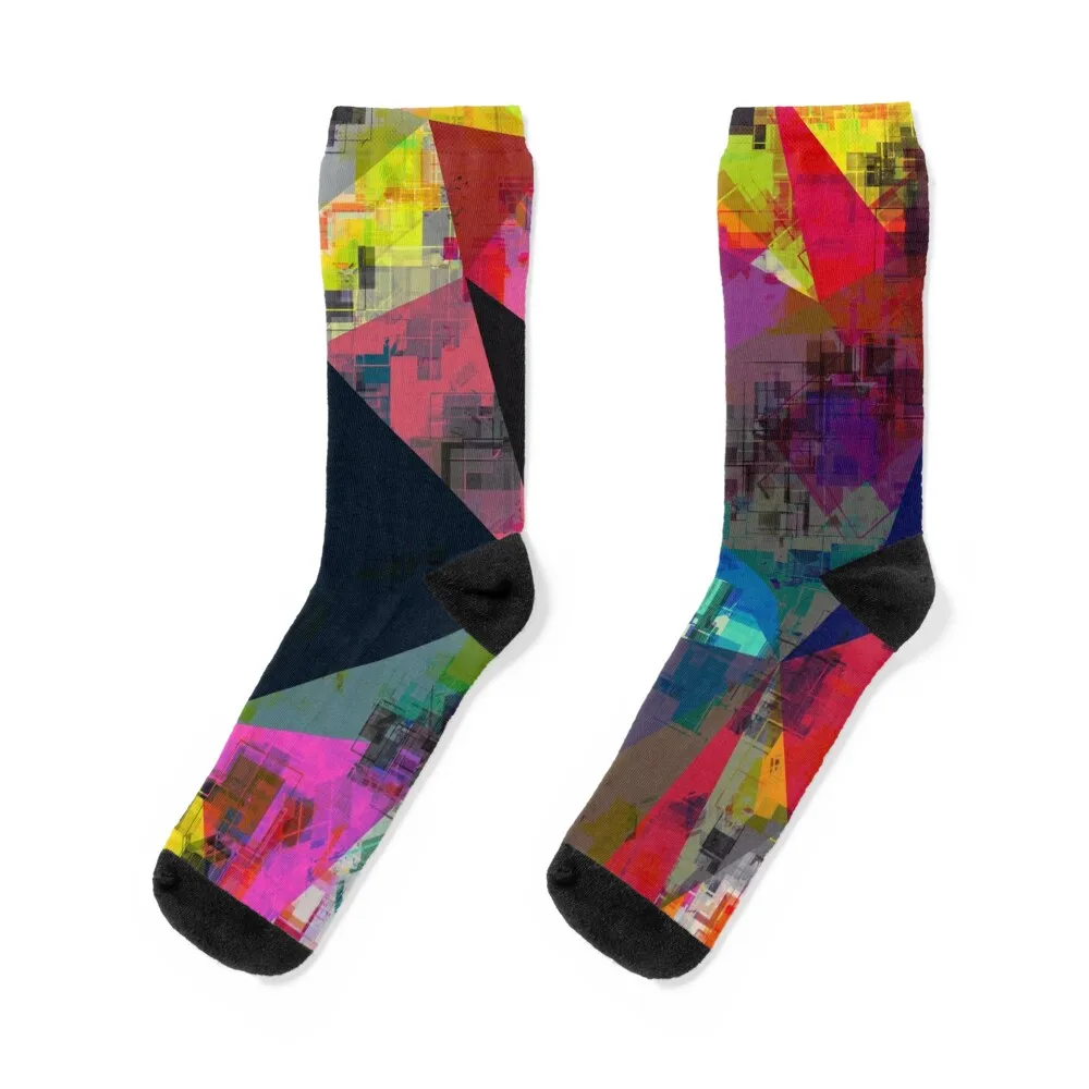 

psychedelic geometric triangle pattern abstract with painting abstract background in pink blue yellow red green Socks