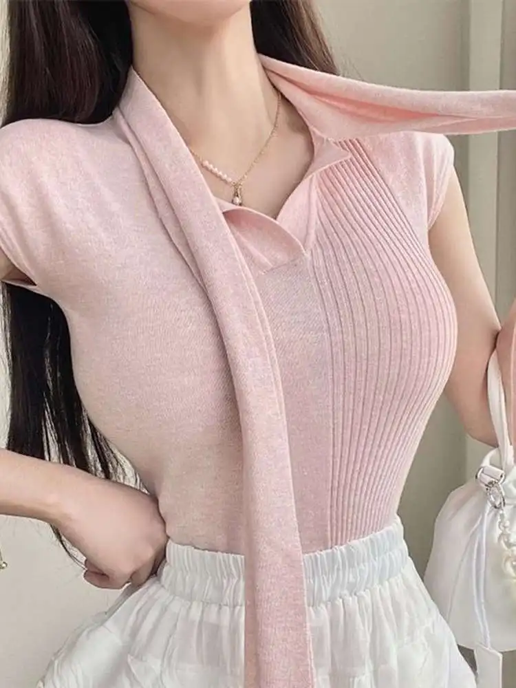 ฤดูร้อน Pure Desire V-ne Belted Slim Fit ort Sve ถักผู้หญิง Faionable อเนกประสงค์เกาหลี Sle เดินทางลม