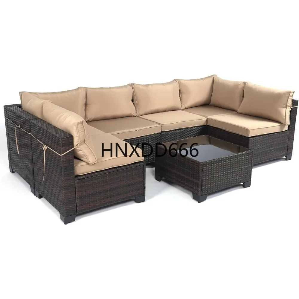 7 Pieces Outdoor Patio Furniture Sets,Rattan Conversation Sectional ,Manual Weaving Wicker, Garden Furniture Sets
