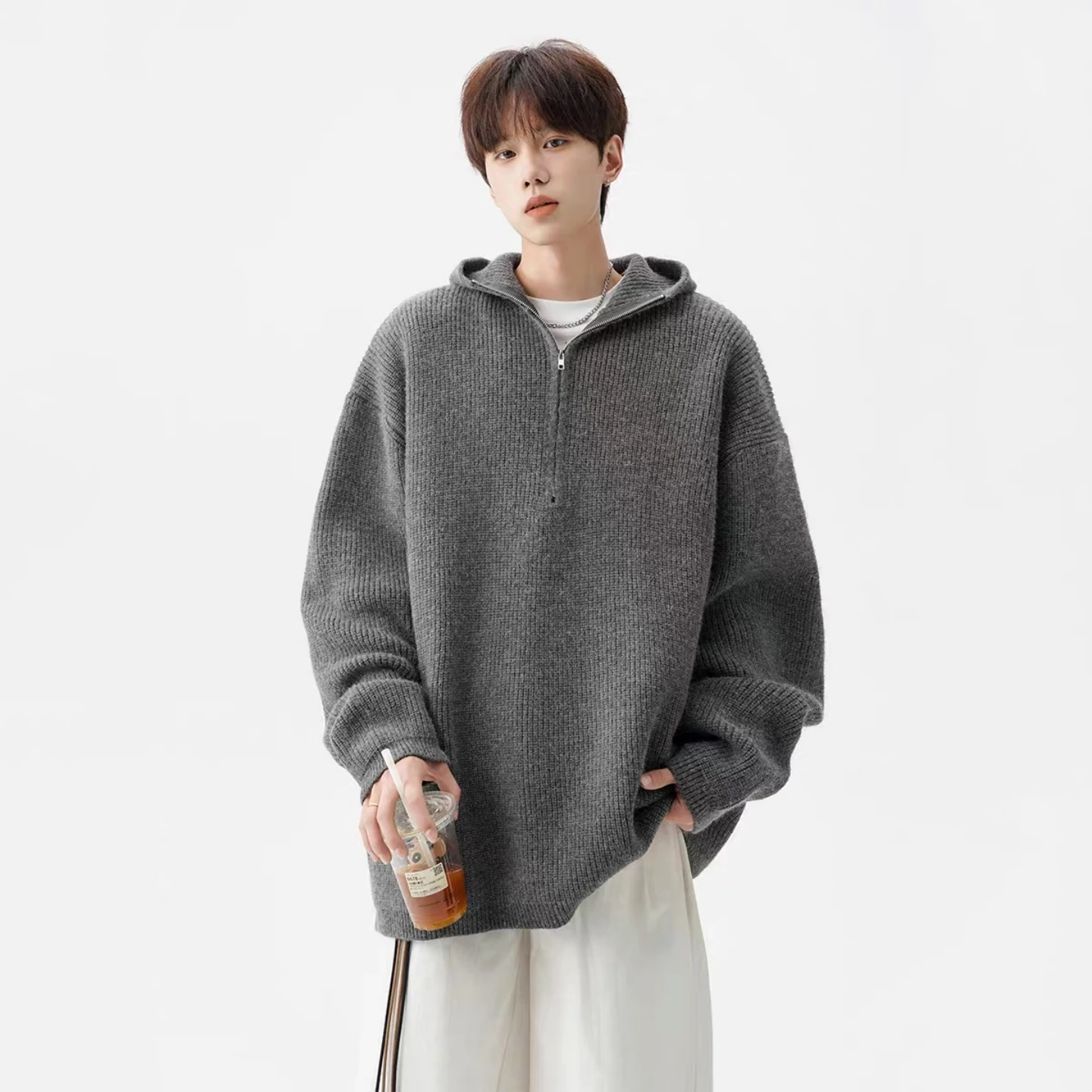 

Свободный крой, трикотаж с капюшоном, мужской осенний модный брендовый повседневный свитер на молнии, ленивая элитная верхняя одежда для пар, дышащая длинная одежда...