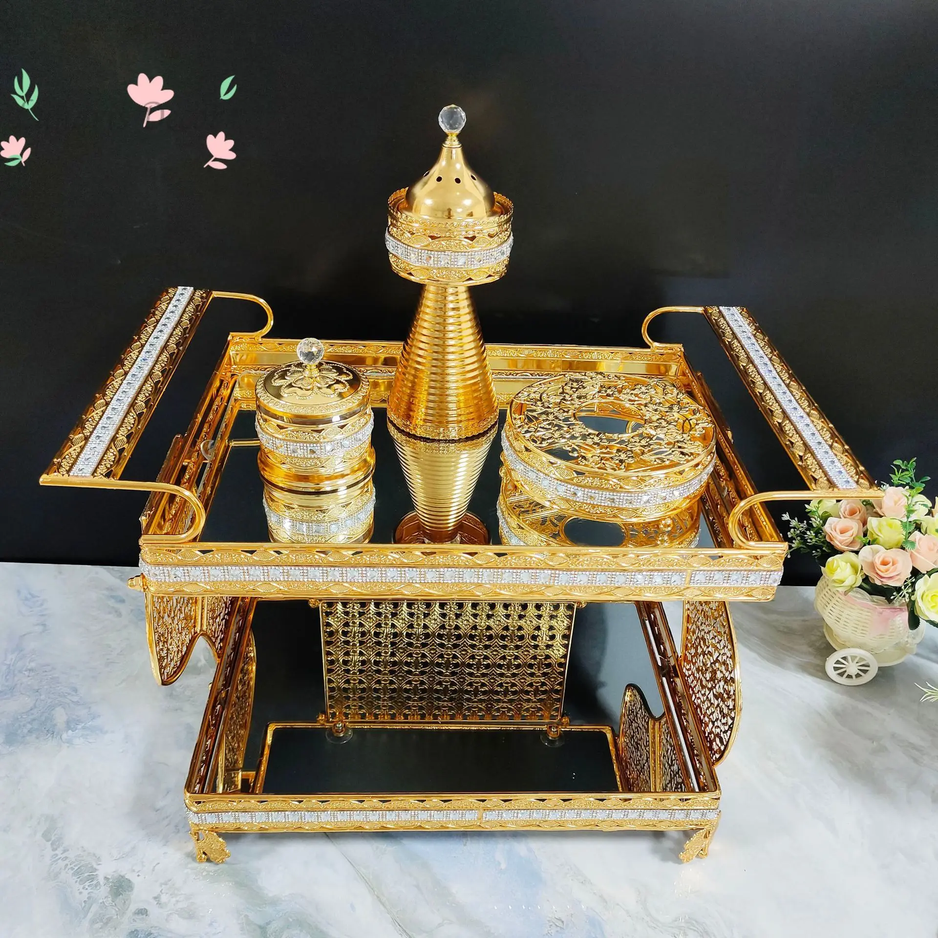 

Coffee table incense burner aromatherapy diffuser luxury home decor high-end ornament metal set with glass