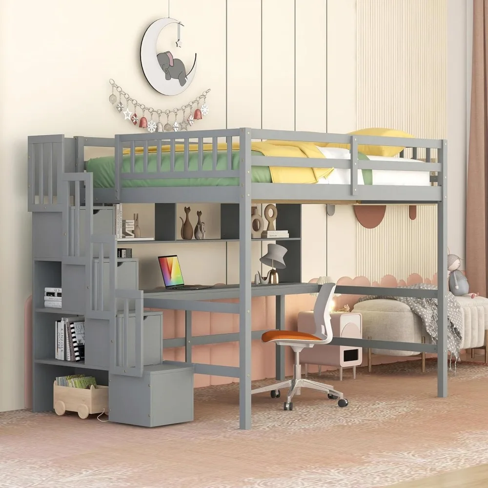 Full Size Loft Bed with Desk & Storage Stairs,Wood Loft Bed Frame with Shelves and Guardrails for Kids,High Loft Beds with Steps