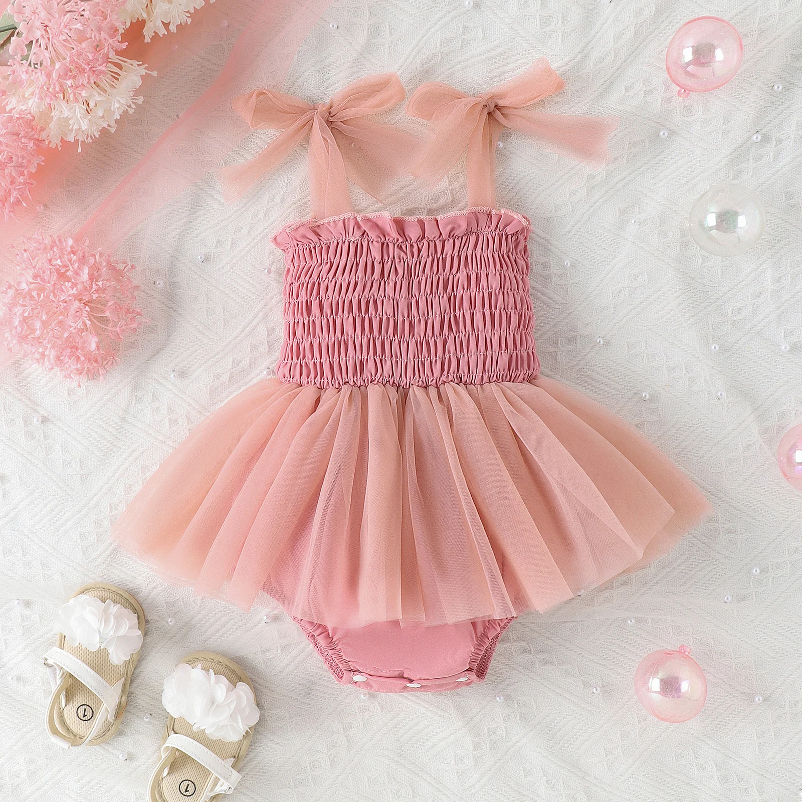 Newborn Baby Girl Clothing Solid Color Tulle Romper Pleated Bow Romper Baby Girl Clothing Summer Clothing