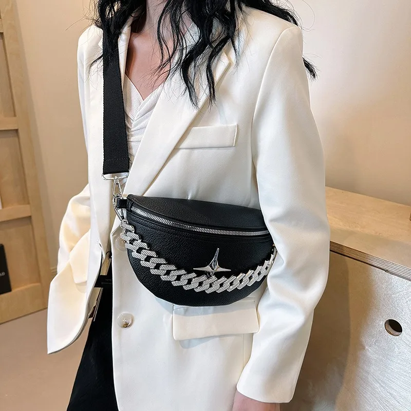 Luxury Chain Fanny Packs For Women Solid Colour PU Waist Bag Fashion Applique Female Waist Pack Ladies Crossbody Chest Bag 2024