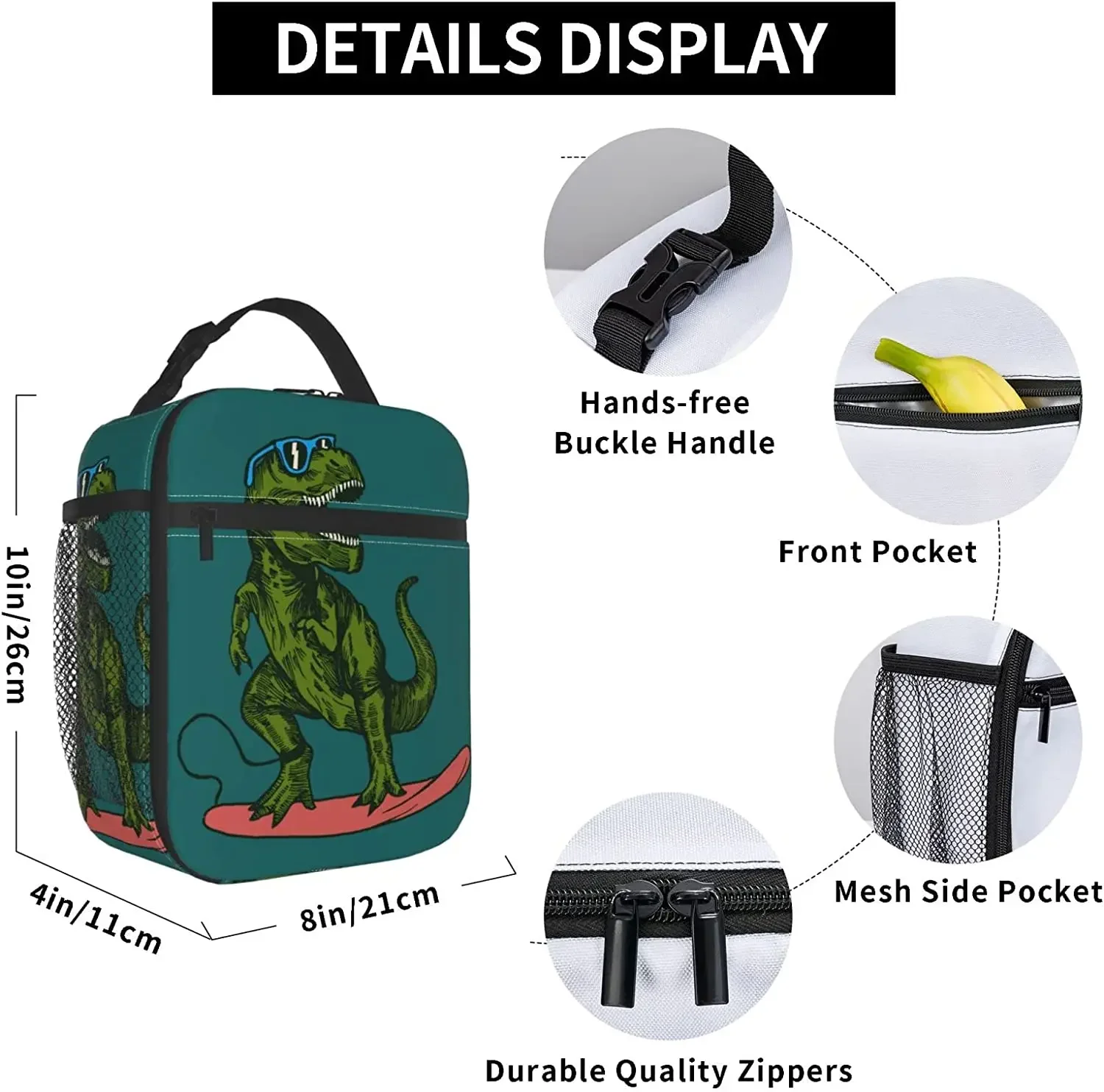 Surfing Dinosaur Thermal Lunch Bag Insulated Lunch Bags for Women/Men/Girls/Boys Detachable Handle Lunch Box Meal Tote Bag