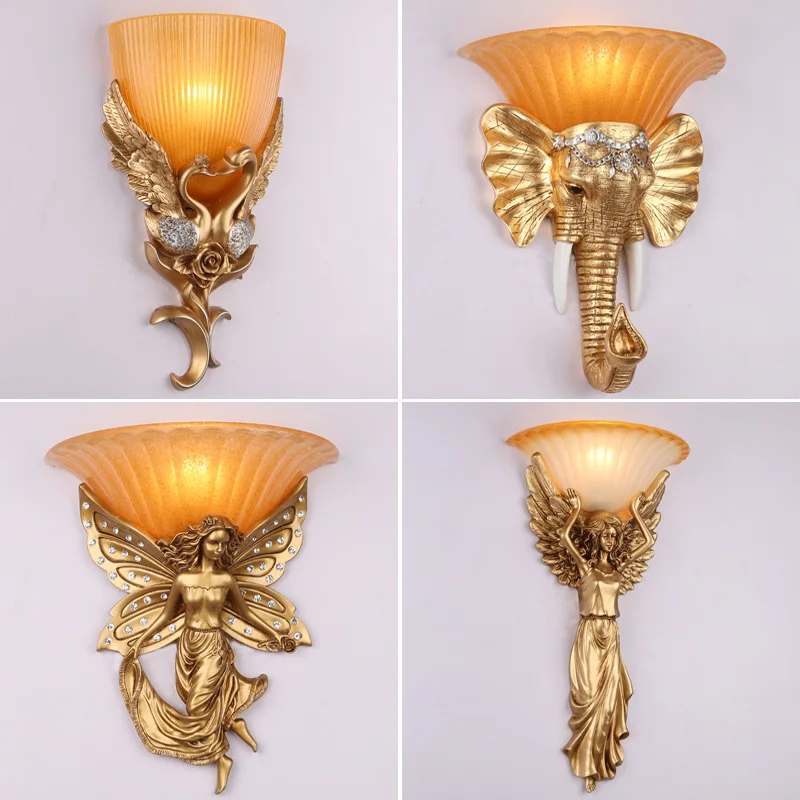 

European Angel Wall Lamp Nordic Classical home decor Sconce lights Vintage Resin flower Wall Light For Living Room Bedroom E27