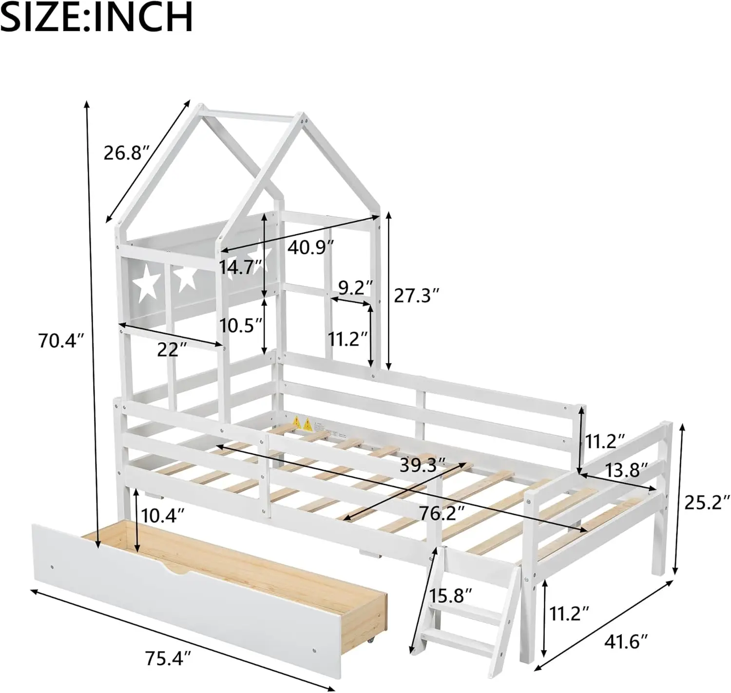 Twin Size Platform Bed with Storage Drawer and Guardrail, Pine Wood Bed Frame with House Headboard and Stairs