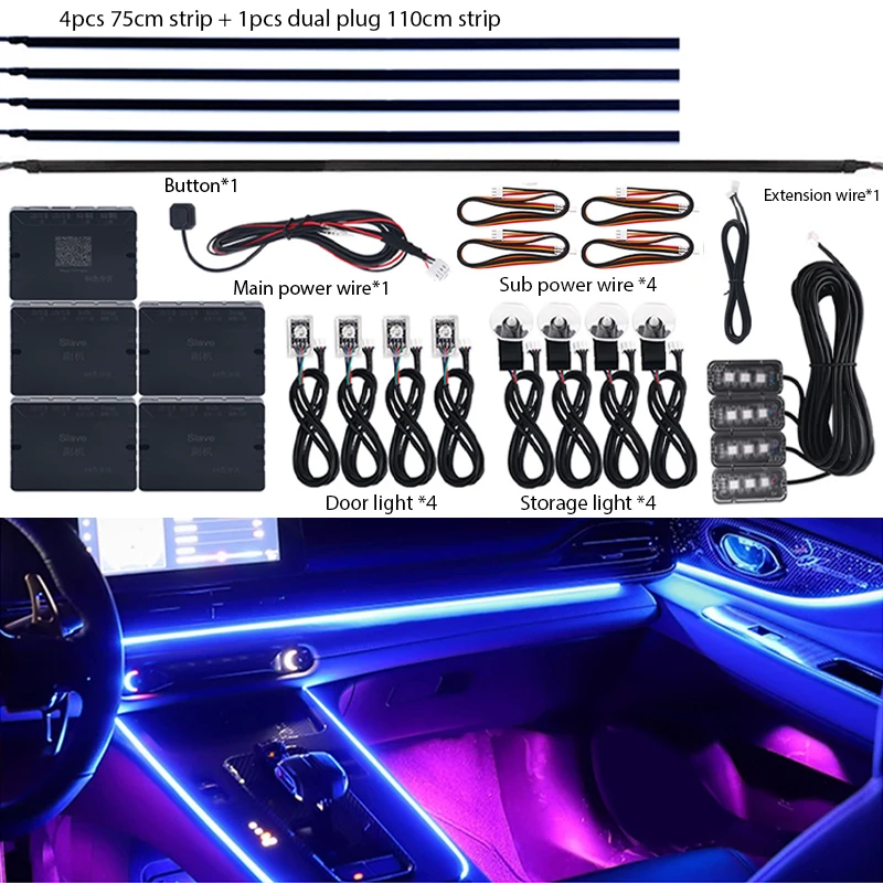 

Universal 18 in 1 Dual Zone 64 Color Car Ambient Lighting Kit RGB Neon LED Acrylic Light Strip Interior Atmosphere Lamp With APP