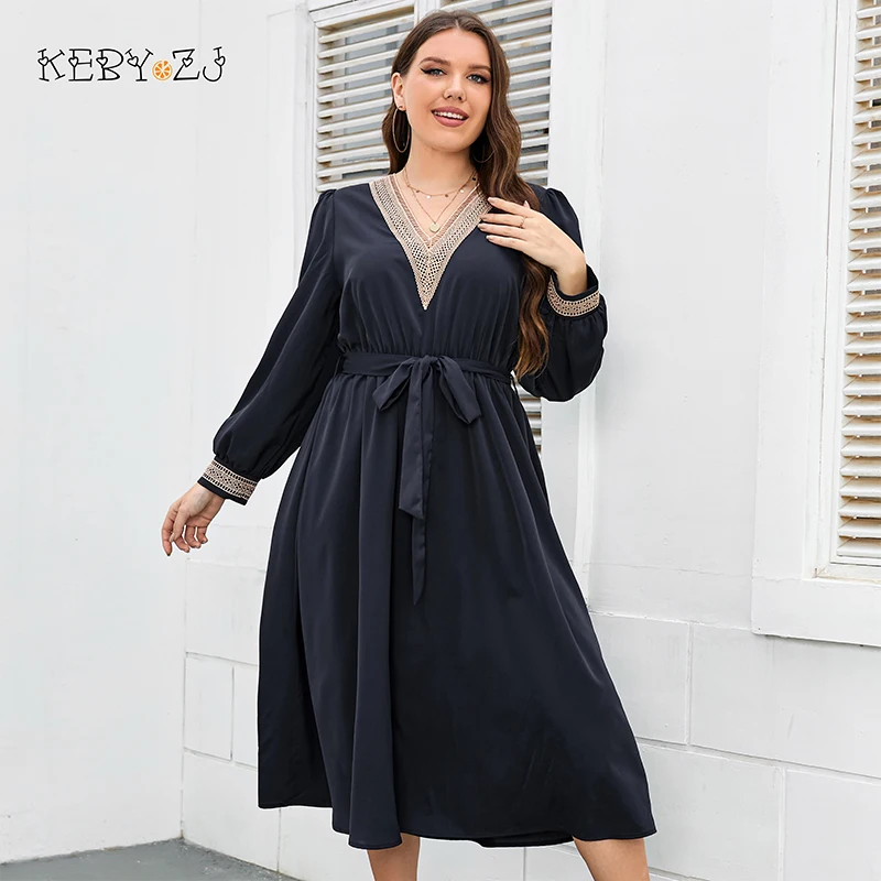 KEBY ZJ Plus Size Dress Urban Office V Neck Bishop Sleeve Belted Women Spring Fall Elegant Street A-line Casual Long Dresses