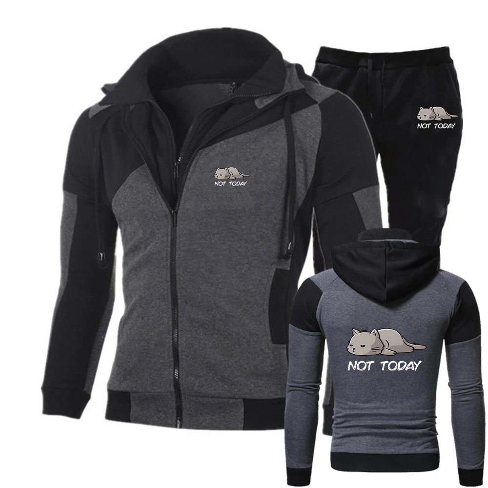 

2025 Spring And Autumn Not Today Funny Print Men's New Comfortable Splicing Hoodies+Trendy Sweatpants Sports Suit