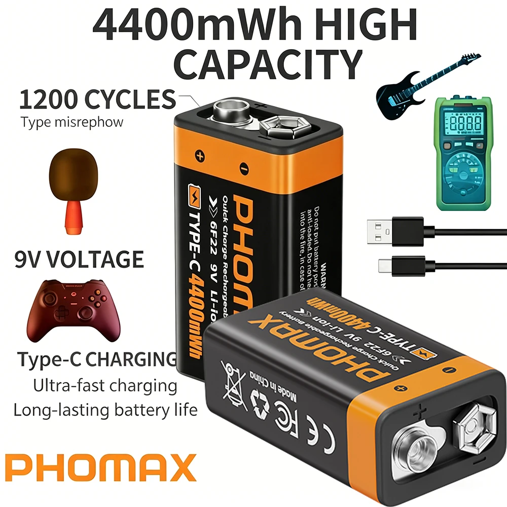 PHOMAX Langlebige 9V Wiederaufladbare Batterie 4400mWh Hochleistungs-Lithiumbatterie für Gitarre, Mikrofon, Rauchmelder mit Kabel