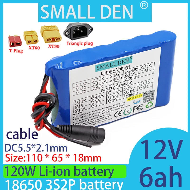 リチウム電池パック,高電流,充電式,bms120w,3s2p,12v,6a,18650, 6000mah