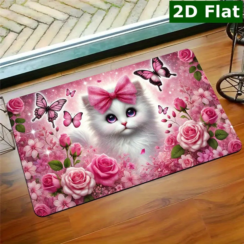 Floral Cat Entrance Doormat White Kitten with Pink Bow Surrounded By Roses Butterflies Graphic Rug Romantic Home Entry Decor Mat