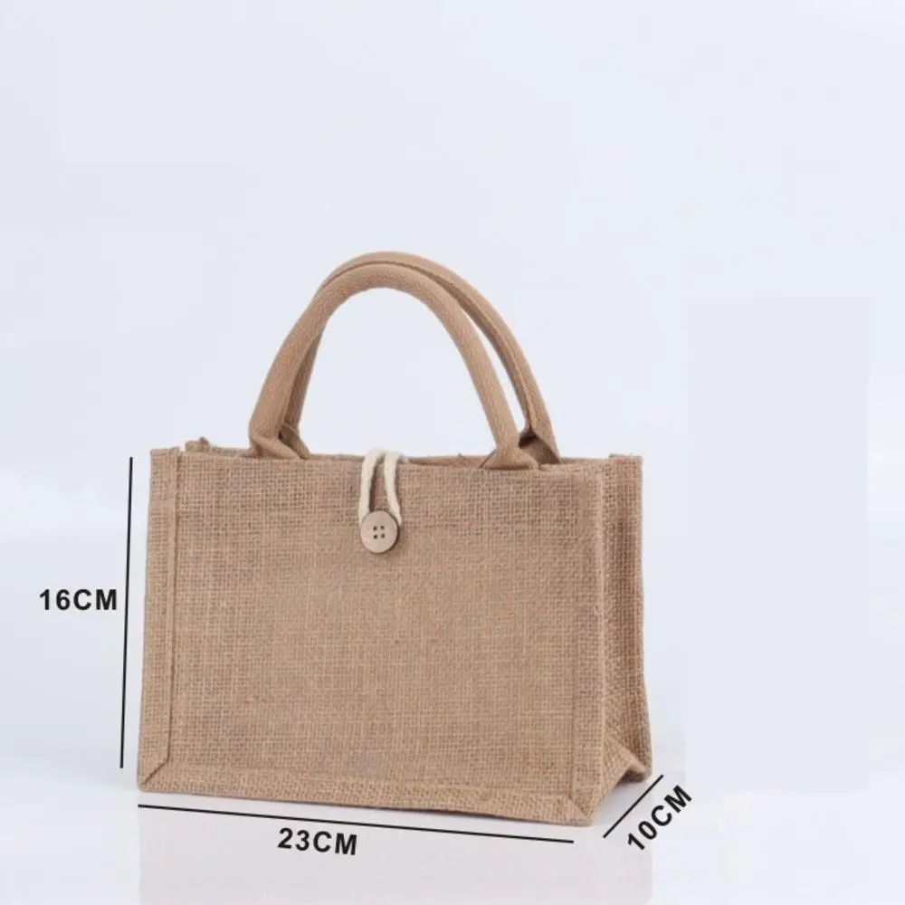 Large Capacity Shopping Bag Versatile Jute Tote Bag Portable Lunch Bag Linen Button Reusable  Burlap Bag Gift Packing Handbag