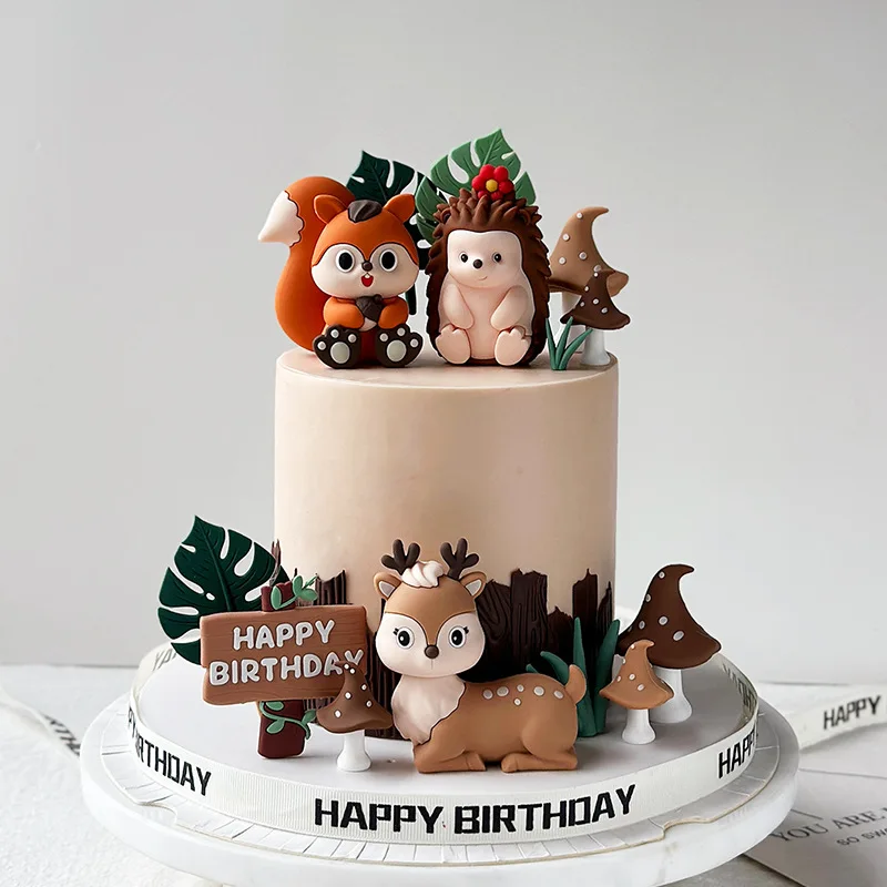 Forest Cake Decoration Jungle Squirrel, Hedgehog, Sika Deer, Mushroom, Leaves Stump for Kids Happy Birthday Cake Topper Wild One