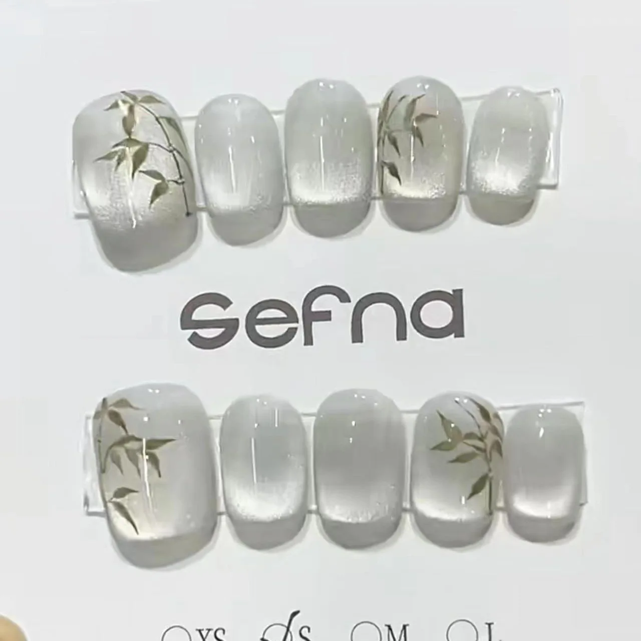 10Pcs Cat Eye Handmade Fake Nails with Bamboo Leaf Design Pure Color Shiny Press on Nail Chinese Style Short False Art Nail Tips