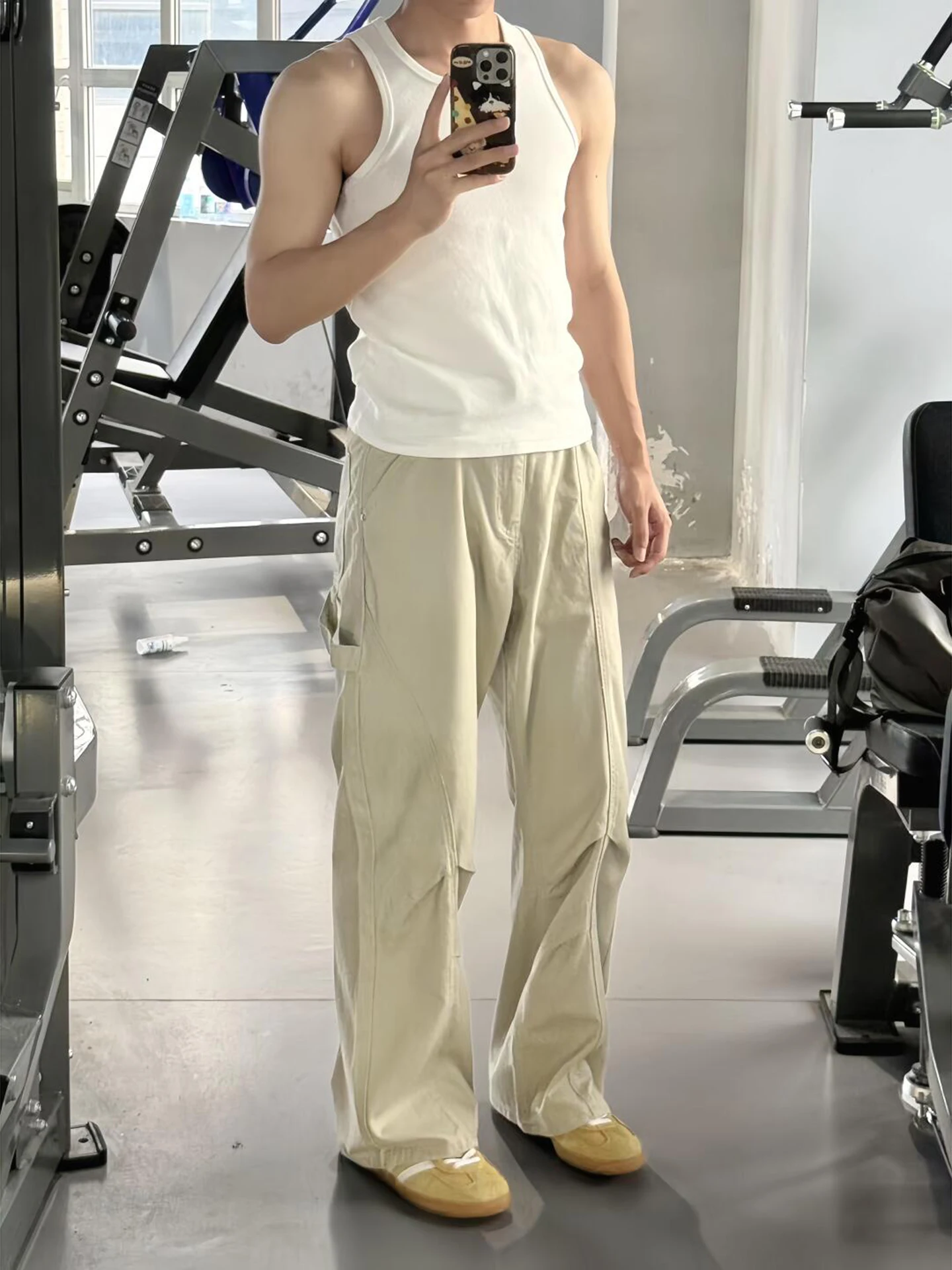 

Cuffed Straight Leg Workwear Trousers Men's American High Street Deconstructed Design Cleanfit Light Flared Pants Folded