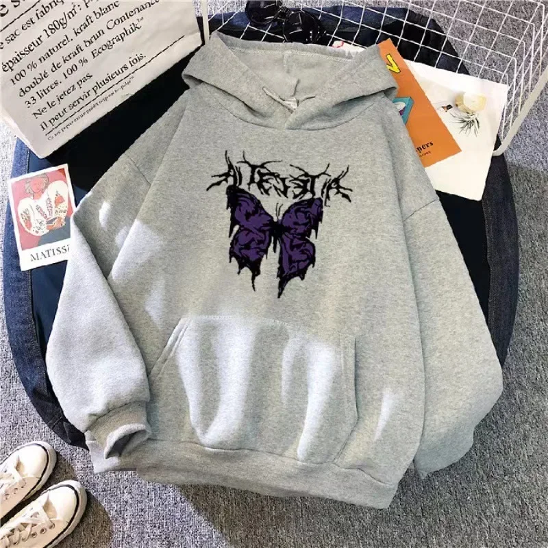 Frauen Vintage Schmetterling Hoodies Gothic übergroßen Pullover Langarm Sweatshirt Hip Hop Fleece Top Streetwear lose Kleidung y2k