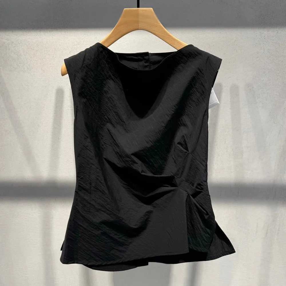 

Ainosi Summer 2025 Waist-Cinching round Ne Single-Button Svel irt Casual Sle Straight Cut Pure Color Women's Top