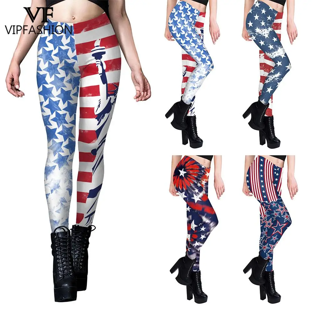 VIP FASHION Stars Lady Liberty Leggings for Women 4th of July Sexy Tights Mid-Waist Pants Ladies Casual Sports Workout Trousers