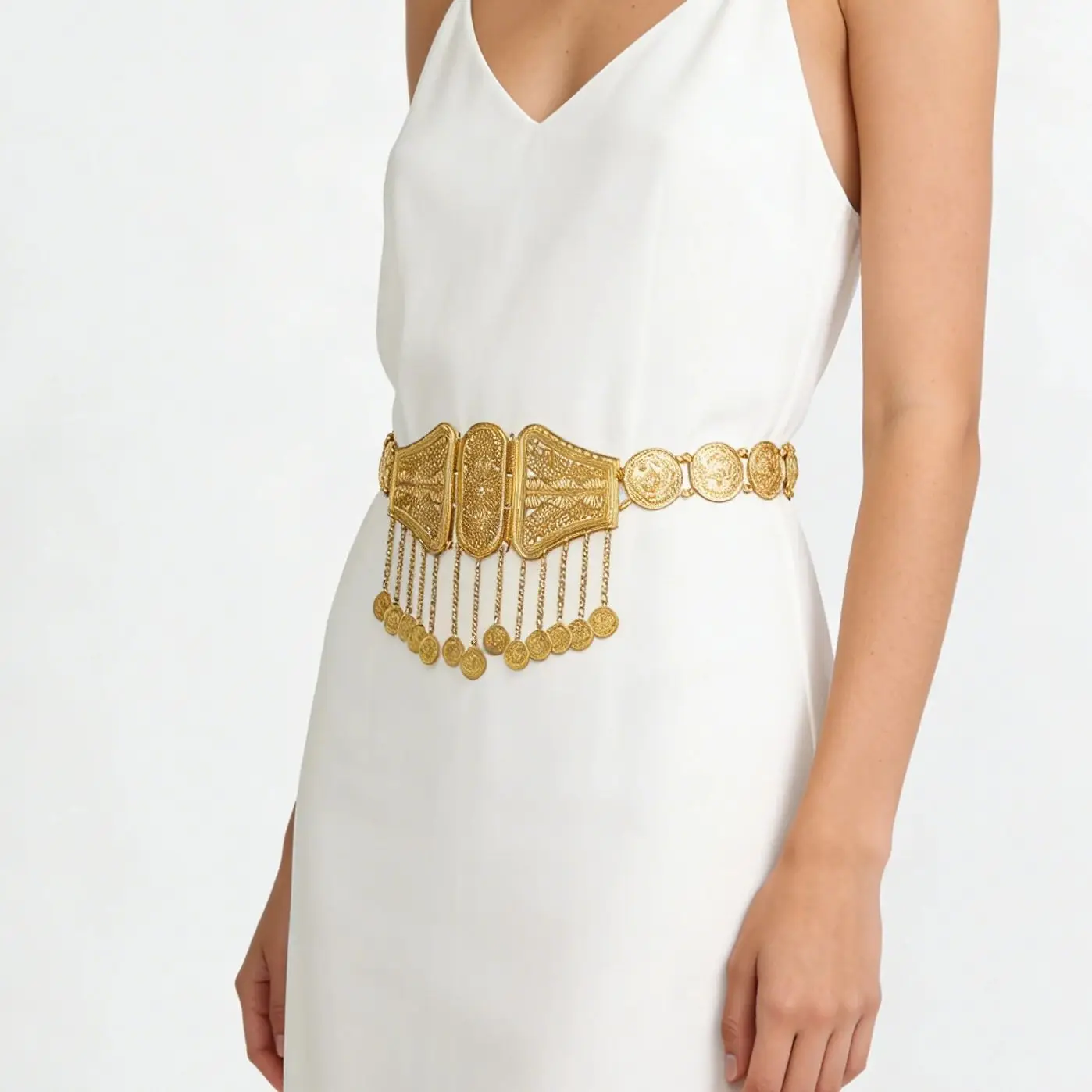 Arab Style Gorgeous Vintage Carved Alloy Waist Chain with Coin Tassel Pendants Women's Banquet and Bride Wedding Jewelry