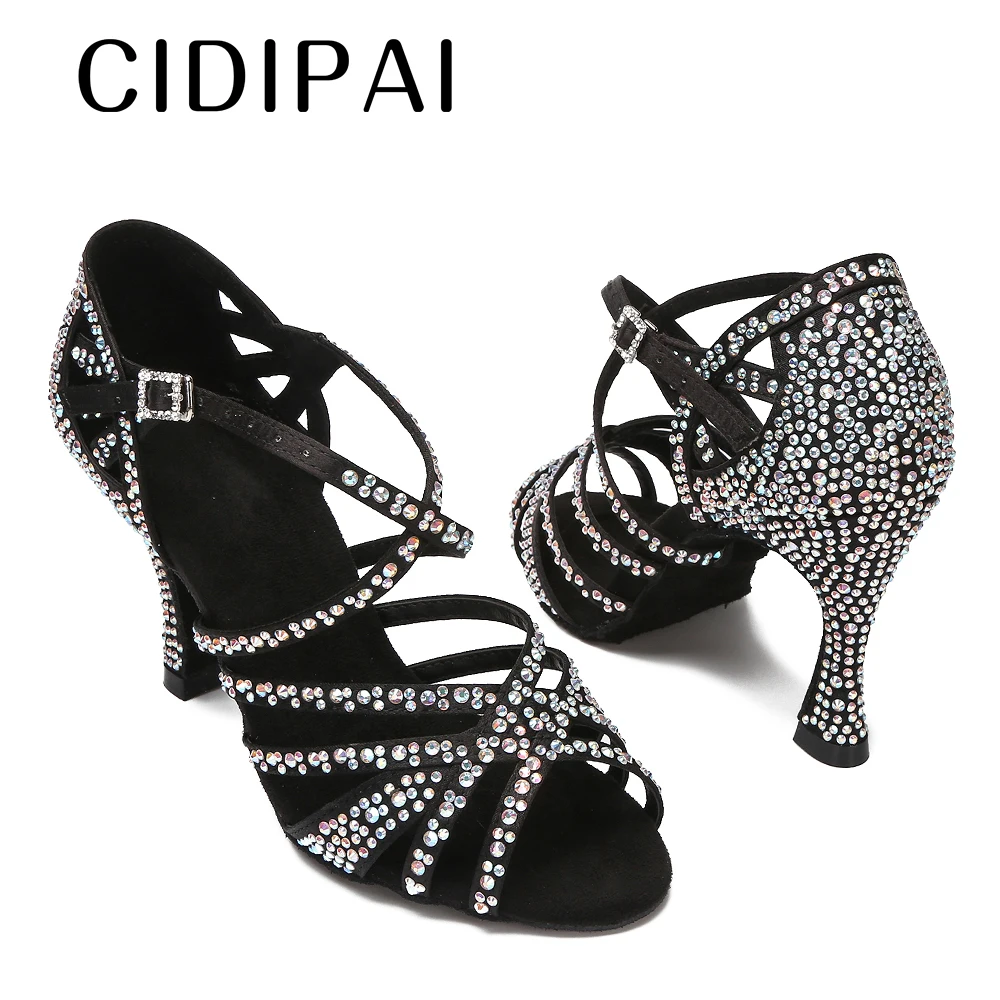 CIDIPAI Satin Latin Dance Shoes For Women Soft Bottom Tango Party Shoes Rhinestone Wedding Shoes Salsa Dance Shoes