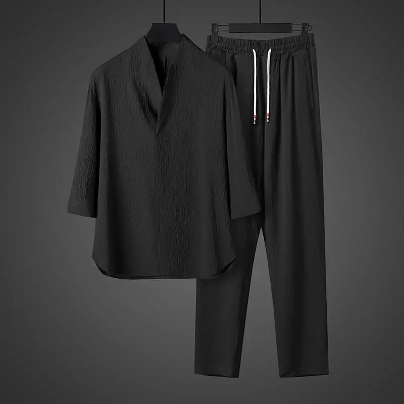 Casual Ice Silk Drape Chinese Style Men's Thin T-shirt Men's Short Sleeved Shirt Summer Loose Oversized Tang Suit Two-piece Set