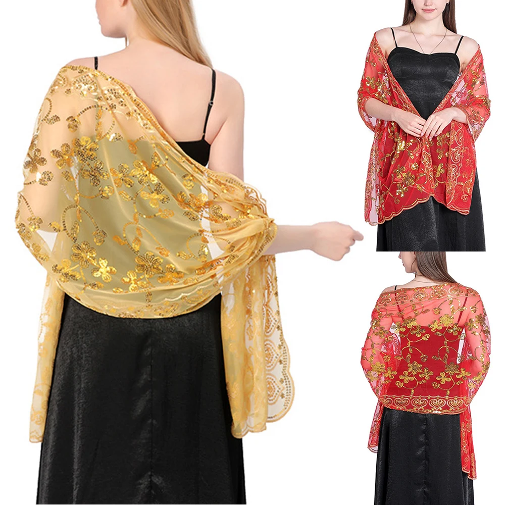 

Women Shawl Hijab Embroidered Shawl Evening Dress Wedding Shawls Hollow Out Sheer Party Scarves Elegant Glitter Long Scarf