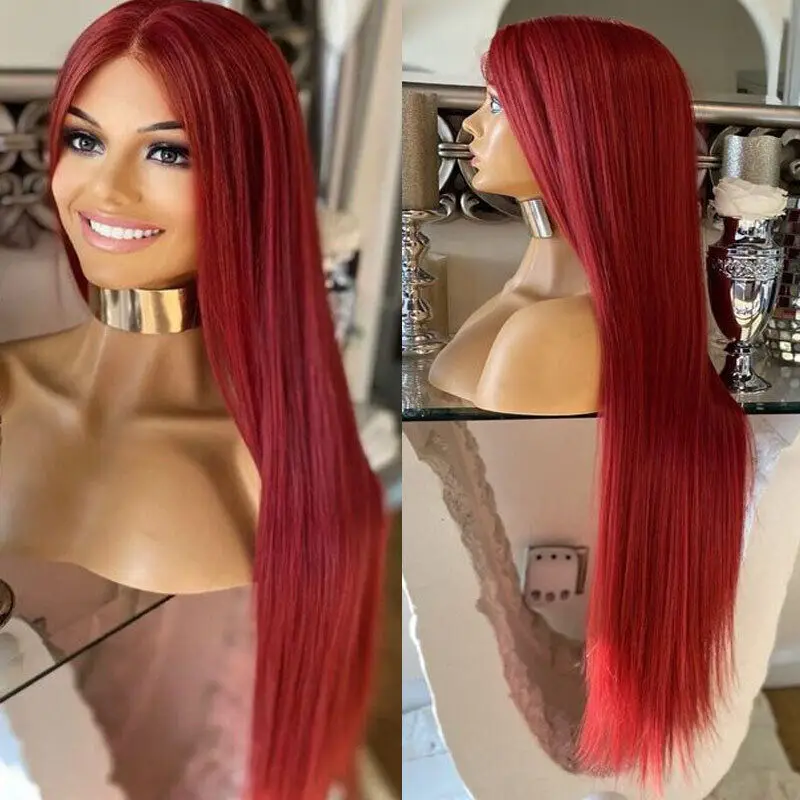 Women Burgundy Long Straight Glueless T Lace Front Wigs Heat Resistant