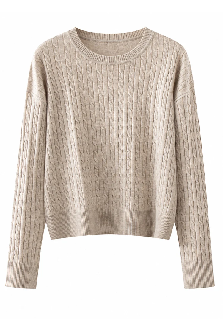 ML62062 Damen Minimalistischer Zopfmuster-Pullover mit Rundhalsausschnitt, Langarm, Modal-Mischung, Weich und Warm, Herbst-Winter-Oberteil – Detail 15