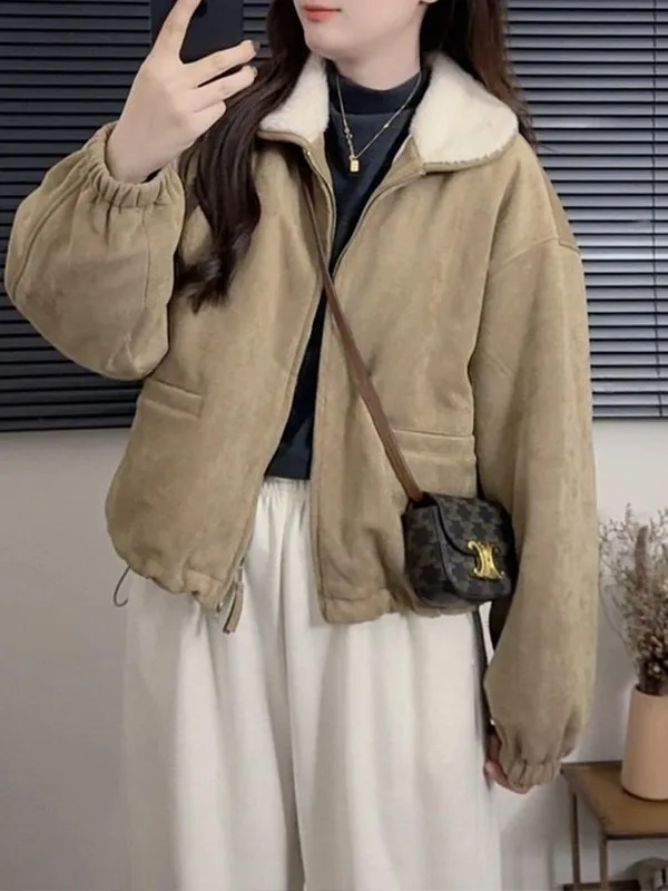 

Утепленная ретро-куртка на молнии для женщин: новая зимняя свободная теплая верхняя одежда с длинными рукавами, стандартной длины, однотонное хлопковое пальто