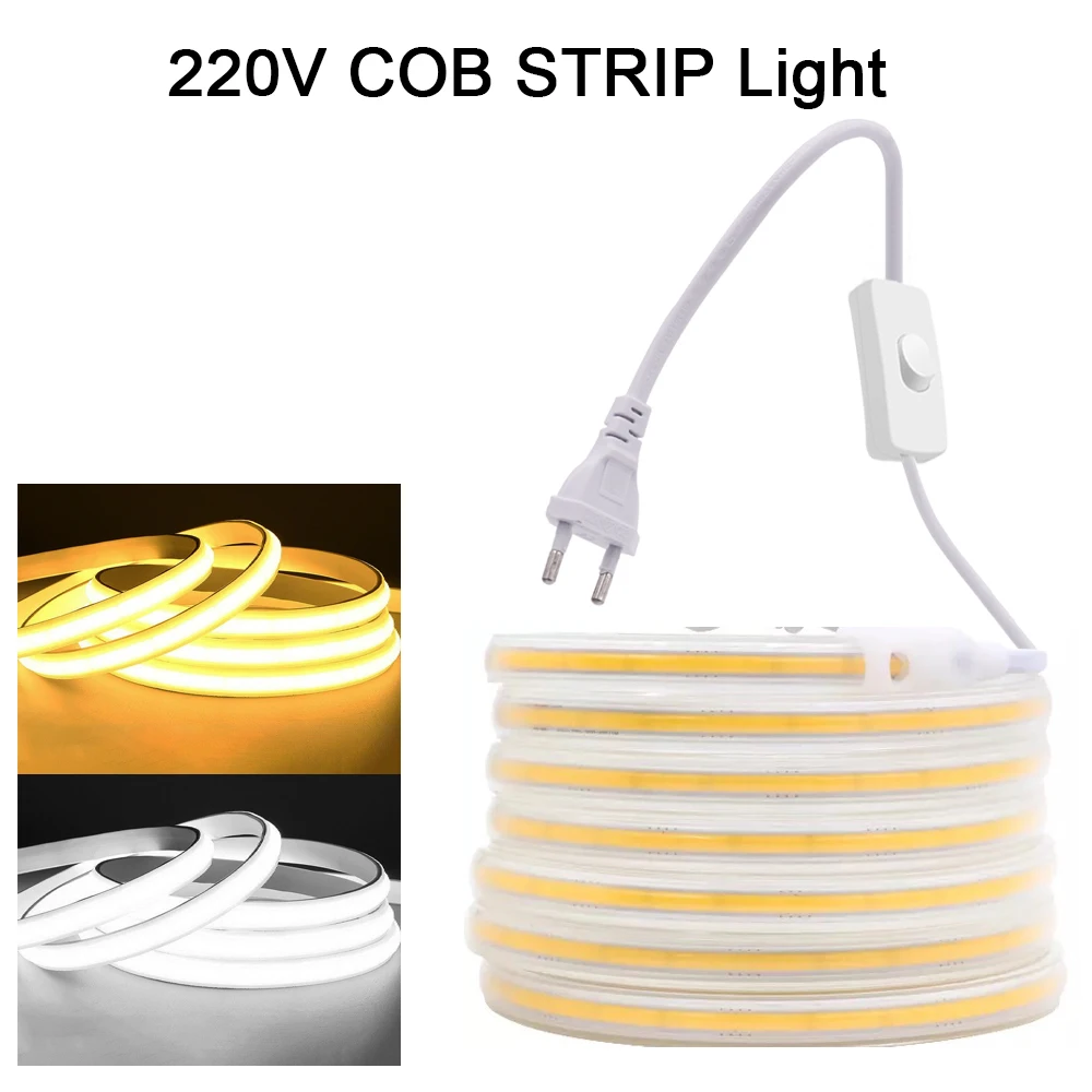 220v tira conduzida de alto brilho à prova dwaterproof água cob tira conduzida 220v fita flexível