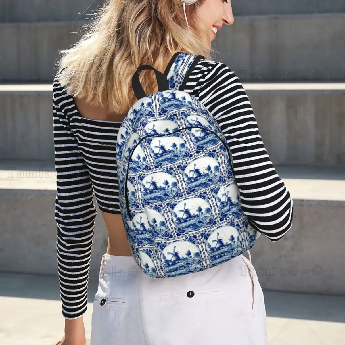 Dutch Blue Delft Windmill And Bridge Print Student Backpack School Bag Hiking Travel Daypack for Men Women Bookbag Shoulder Bags