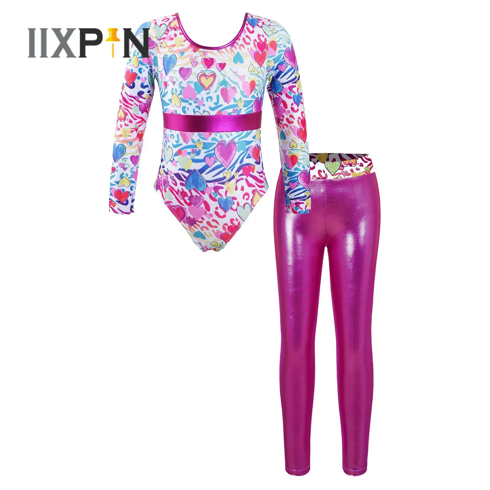 

Kids Girls Gymnastics Leotard New Long Sleeve Printed Jumpsuit with Elastic Leggings Pants for Ballet Dance Ice Skating Jumpsuit