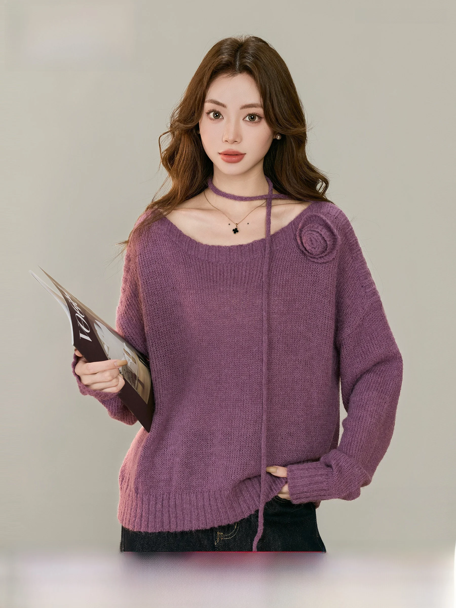 

Lingjiu 'Quiet adow Blossom' 3D Flower Women's Sweater Loose Lazy Sle Knitted irt Autumn Winter New Arrival Small Size