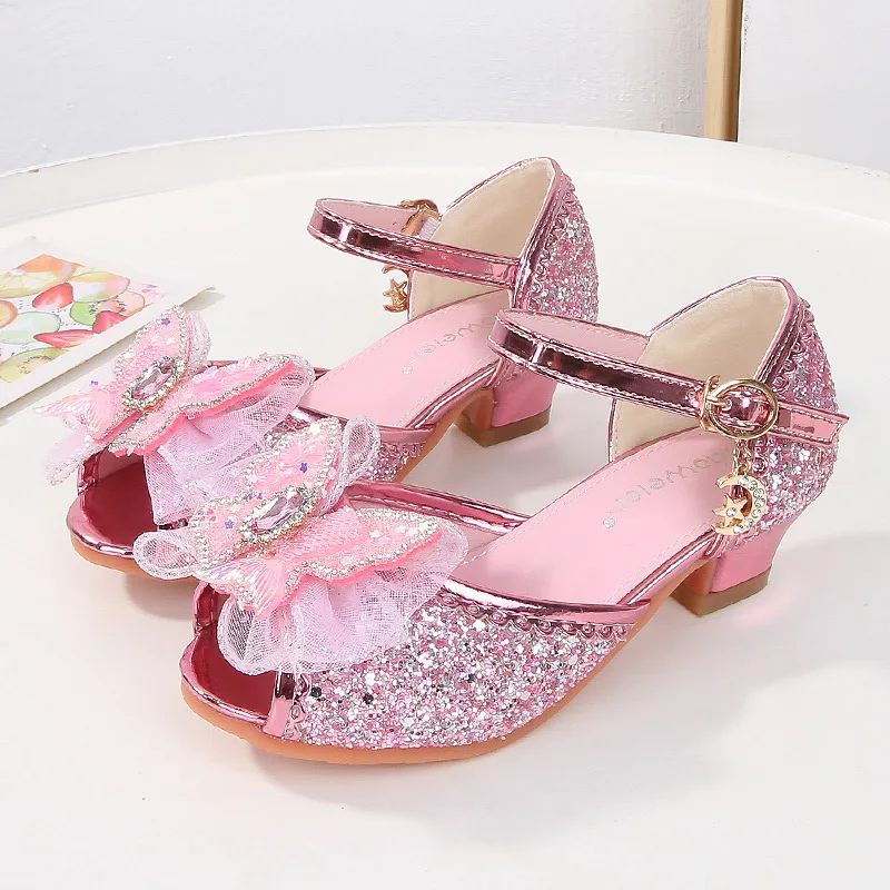 

Girl's High Heel Shoes Summer Sequins Sweet Children Princess Dress Sandals Fashion Elegant Bowtie Kids Sandal for Party Wedding