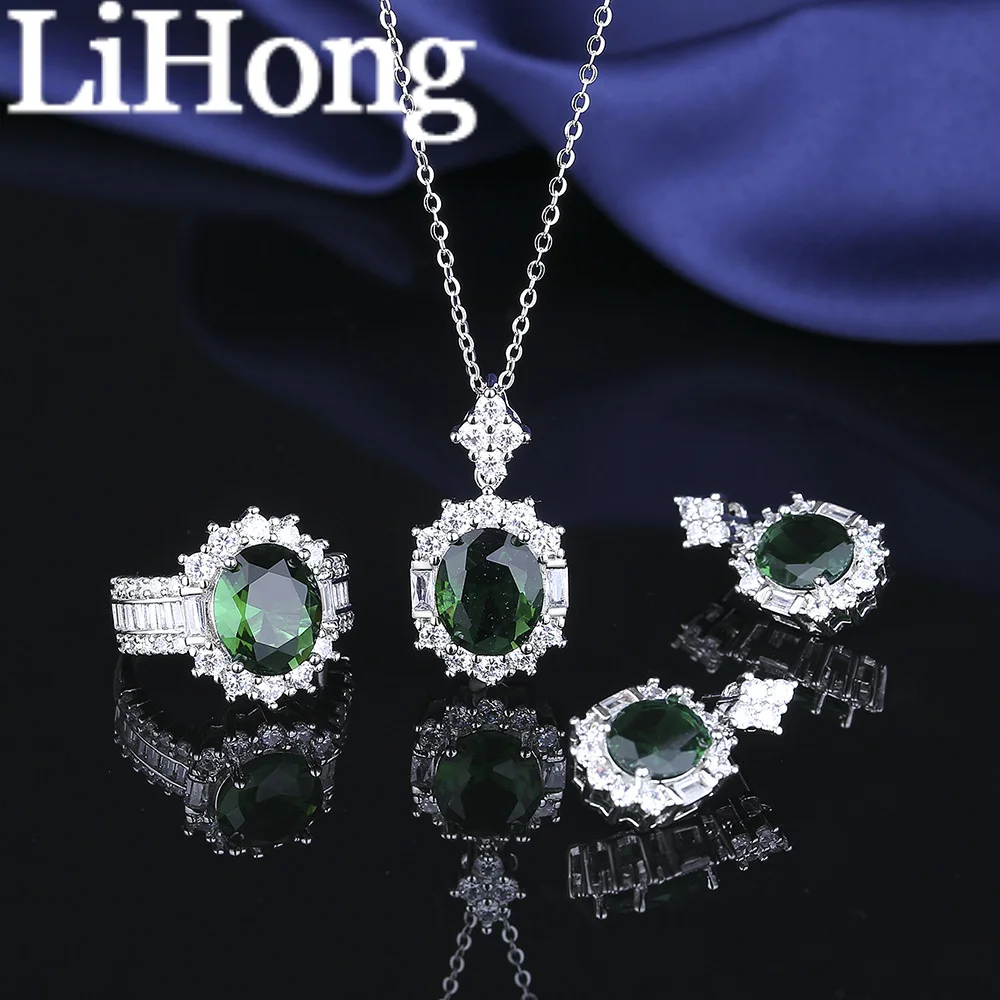 925 Sterling Silver Jewelry Set Inlaid With Imperial Green Zircon Necklace Earrings Ring Elegant Women's Jewelry Set