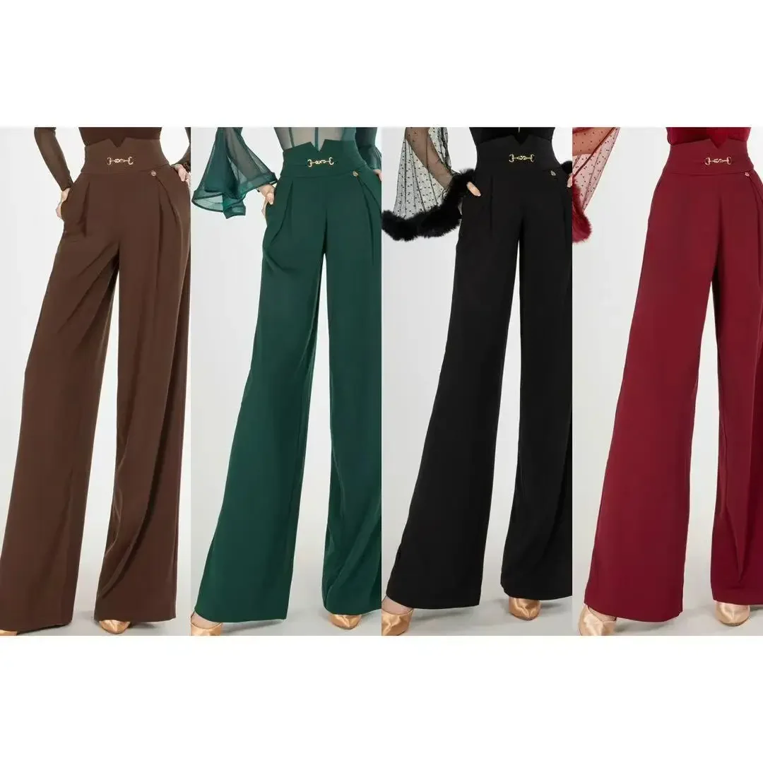 Ballroom Dans Broek Vrouwen Moderne Dans Hoge Taille Wijde Pijpen Broek Broek Chacha Rumba Tango Latin Prestaties Kleding DN19844