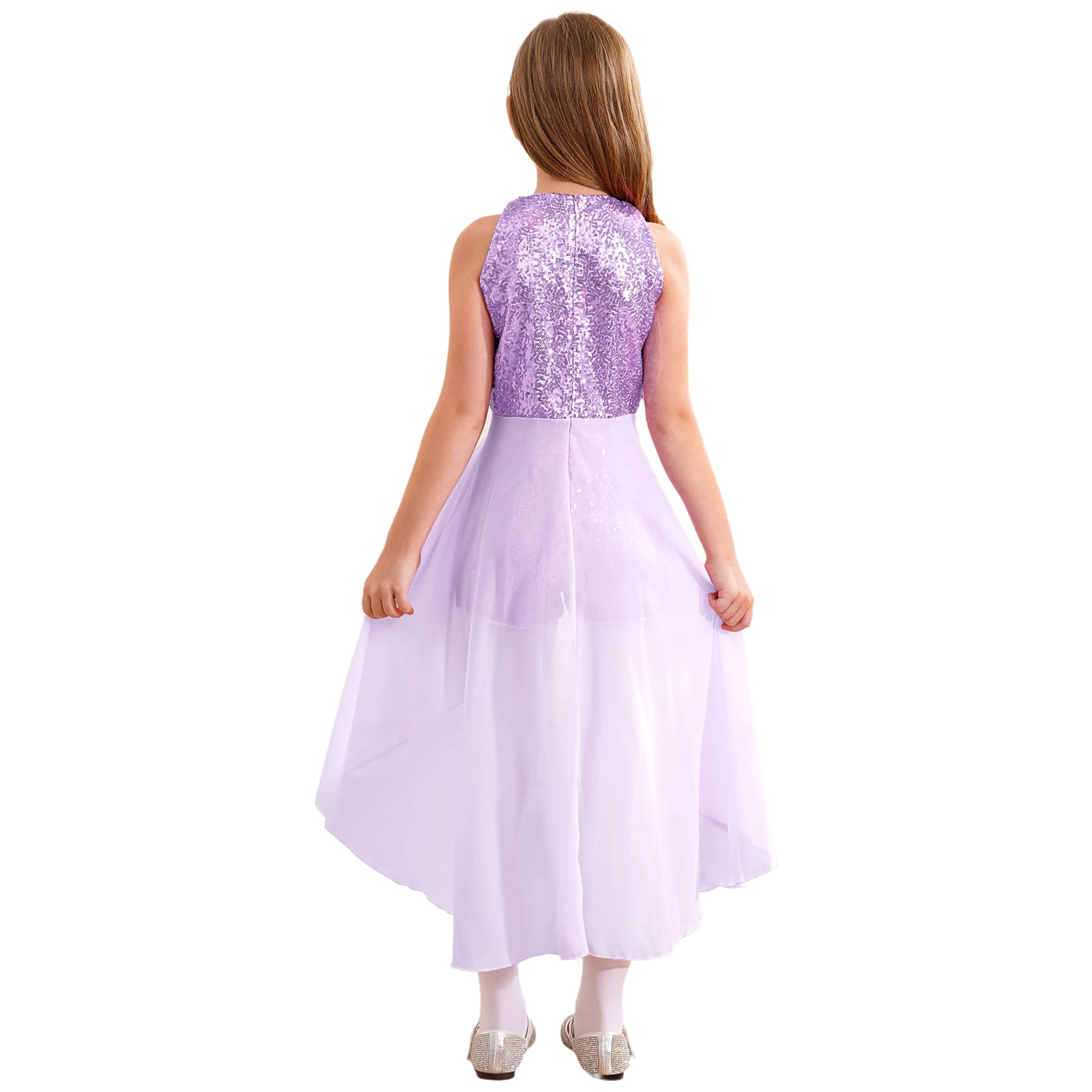 Kids Girls Sparkly Sequin Ballet Tutu Lyrical Dance Dress Sequined Chiffon Jumpsuit Round Neck Dance Overlay Skirt Romper Dress