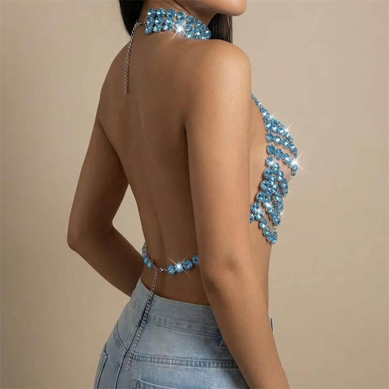 Damen Große Strass-Neckholder-Körperkette Top Funkelnder Kristall-Harness Crop-Top Körperschmuck Nachtclub Rave Party Kostüm Dropshipping – Detail 8