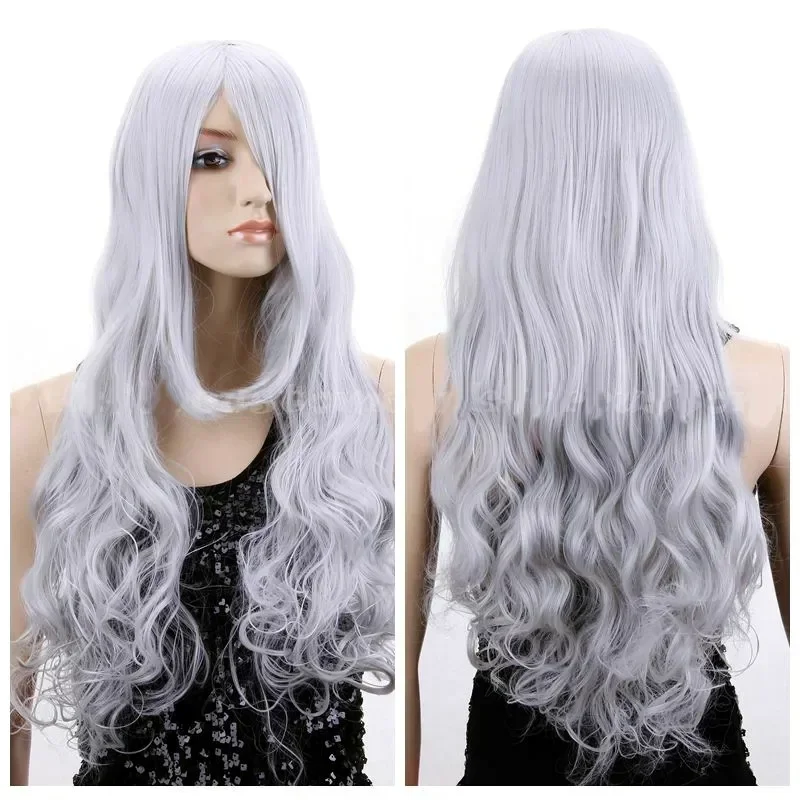 Women's Silver Gray Long Curly Wavy Wig with Bangs Cosplay Synthetic Full Wigs