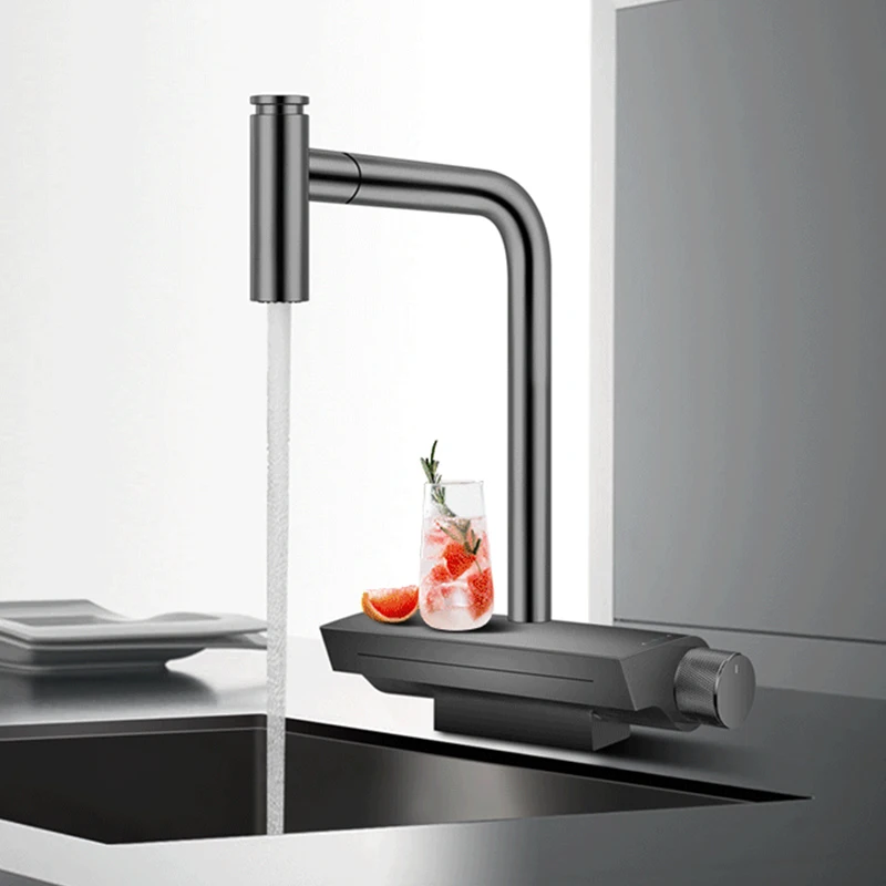 Brass Matte Black Waterfall Faucet Hot And Cold Water Kitchen  Dual Holder Switch Pull Out 360 Degree  Mixer Tap