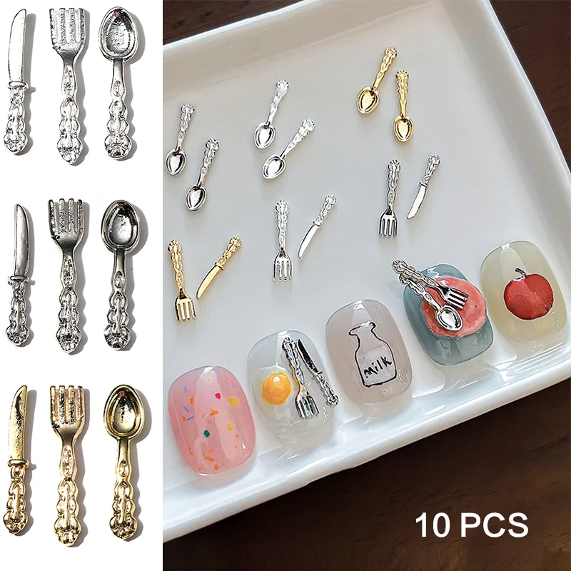 10Pcs 3D Spoon Fork Nail Art Ornament DIY Craft For Acrylic Nail Decoration Gold Silver Unique Shape DIY Charms Jewelry Manicure