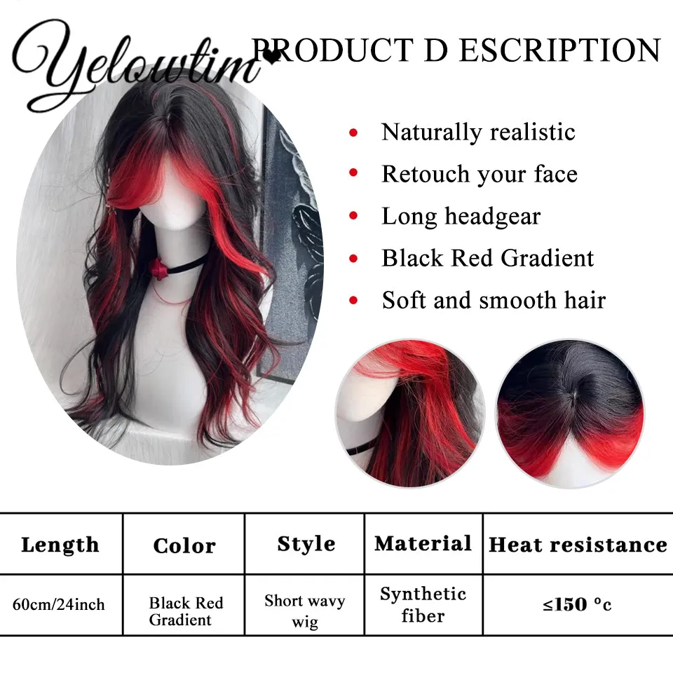 Synthetic wig punk style female black and red split bangs dyed long curly hair personalized full head cover cosplay versatile da