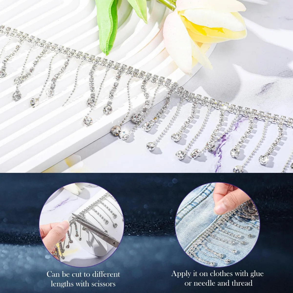 Sinor 1 Yard Rhinestone Fringe Trim Tassel Chain Crystal Beaded Ribbon for DIY Sewing Clothing Jeans Craft Decoration Accessorie