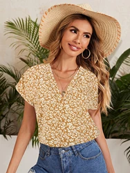 Ladies Ditsy Floral Print V Neck Batwing Sleeve Top Women Blouse Shirts